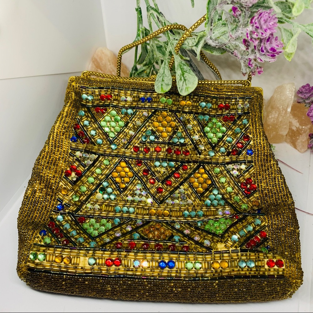 WALBORG vintage gold purse w/ rhinestones & beads - Picture 2 of 8